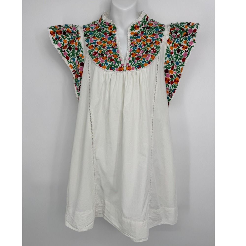 Love The Label Mini Dress Medium White Floral Embroidered Flutter Sleeve Boho